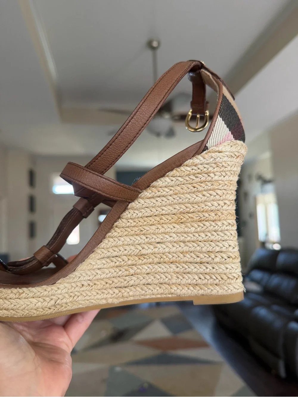 Burberry Brown Leather And Rope Espadrille Wedge Sandals House Check